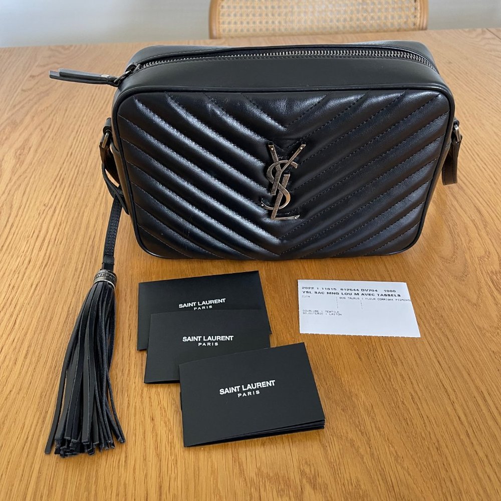 SAINT LAURENT Lou Camera Medium Zip Leather Shoulder Bag AGED SILVER HARDWARE